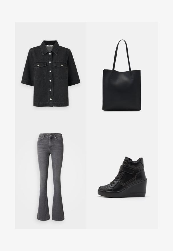 Černá denimová košile s krátkým rukávem, s špičatým límcem, dvěma náprsními kapsami a kovovými knoflíkovými zapínáními. Hladká textura.; Šedé rozšířené džíny s vysokým pasem, zapínáním na knoflík, pěti kapsami a jemnými stehy. Vyrobené z denimu s hladkou texturou.; Černé vysoké wedge tenisky vyrobené z hladké kůže, s šněrováním vpředu, nastavitelným popruhem a dekoračními zipovými detaily.; Černá kožená taška přes rameno s hladkým povrchem, obdélníkovým tvarem a dvěma dlouhými uchy. Žádné viditelné kování ani ozdoby.