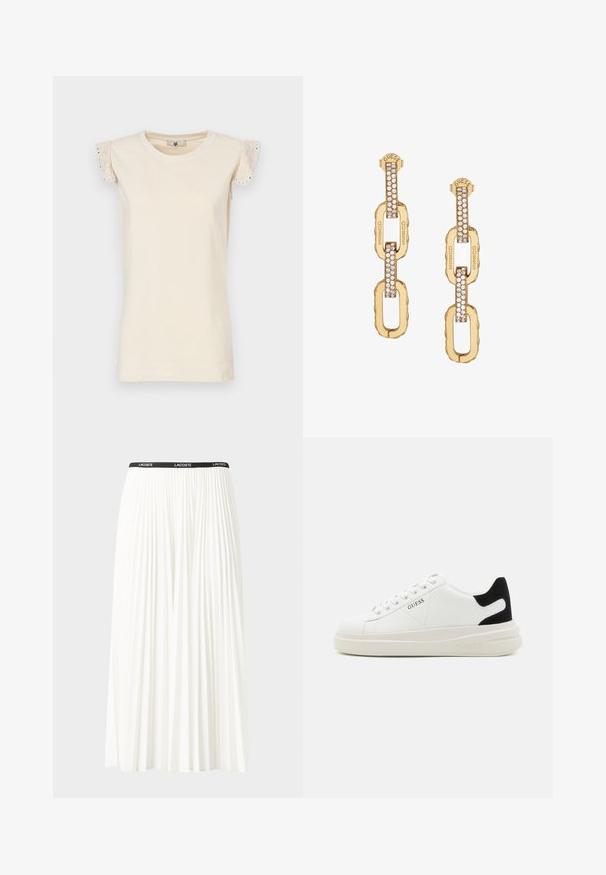 TWINSET Blúzka - almond beige/dark almond beige; Plisovaná biela sukňa s čiernym elastickým pásom s logom "LACOSTE". Sukňa je stredne dlhá a má mäkkú textúru.; Biele kožené tenisky s hrubou bielou podrážkou, čiernym zamekom na päte a vyrazeným logom na boku. Šnurovací dizajn so šiestimi očkami.; Zlaté náušnice s článkovým dizajnom, doplnené čírymi kryštálmi, s vygravírovaným logom "GUESS" a hladkým povrchom.
