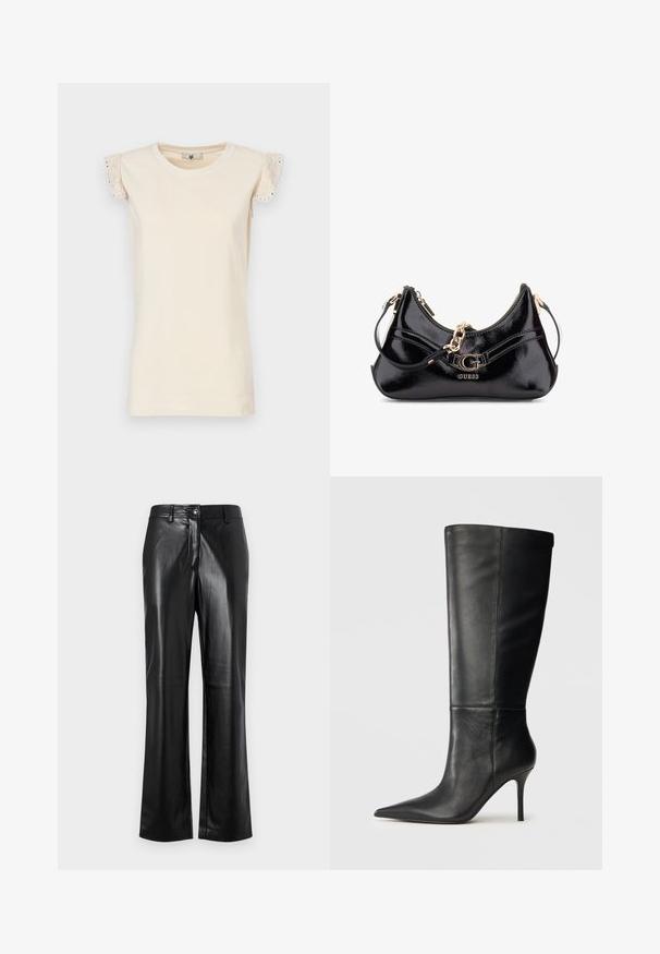 TWINSET Blúz - almond beige/dark almond beige; Fekete bőrnadrág egyenes lábbal, elöl gombos záródással, övbújtatókkal és sima, fényes textúrával.; Fekete bőr térdmagasságú csizma hegyes orral és karcsú tűs sarokkal, sima textúrával, oldalnézet semleges háttér előtt.; Fekete lakkbőr táska íves kialakítással, aranyszínű fémrészletekkel és egy hangsúlyos logóval. Tartalmaz egy levehető vállpántot.