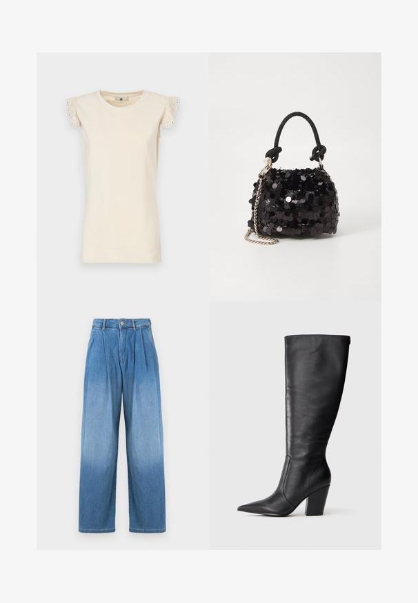 TWINSET Bluse - almond beige/dark almond beige; Helle blaue Denim-Hose mit hoher Taille, entspanntem weiter Beinabschluss und Vorderfalten. Mit Knopf- und Reißverschluss.; Schwarze kniehohe Lederstiefel mit spitzem Zehen und klobigem hohen Absatz, von der linken Seitenansicht auf weißem Hintergrund gezeigt.; Schwarze Pailletten-Mini-Handtasche mit einem geknoteten, strukturierten Tragegurt und einer silbernen Kette. Abgerundete Form mit gerafftem oberen Teil und reflektierenden Details.