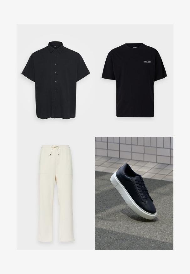 Korte mouw zwarte button-up shirt van een gestructureerde stof met een kraag, voorzien van knopen aan de voorkant en een ontspannen pasvorm.; Zwarte katoenen t-shirt met een ronde hals en korte mouwen. Bevat witte tekst "Club1990" op de linkerborst. Eenvoudig, ongecompliceerd ontwerp.; Crèmekleurige geribbelde sweatpants met een drawstring tailleband, voorzien van twee zijzakken en een rechte pijpdesign.; Zwarte leren sneaker met een ronde neus en een witte rubberen zool. Voorzien van platte veters en minimale stiksels op het bovenwerk. Textuurrijke zool voor grip.