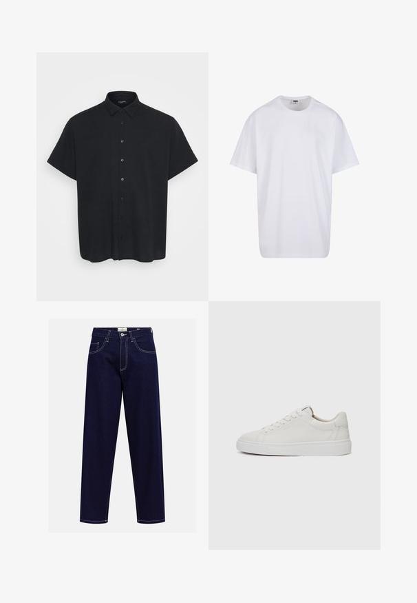 Kratka črna srajca s kratkimi rokavi, izdelana iz teksturirane tkanine, z ovratnikom, sprednjimi gumbi in sproščenim krojem.; Bela bombažna majica s kratkimi rokavi, okroglim izrezom, sproščenim krojem in brez vidnih logotipov ali vzorcev. Gladka tekstura in minimalen dizajn.; Temno modri ravni kavbojke z sprednjimi žepi, gumbnim zapiranjem in vidnim belim šivanjem na enotni podlagi.; Bele usnjene superge z nizkim zgornjim delom, okroglo konico, ravnim belim gumijastim podplatom in minimalističnimi šivi. Šnure so pritrjene skozi šest lukenj.