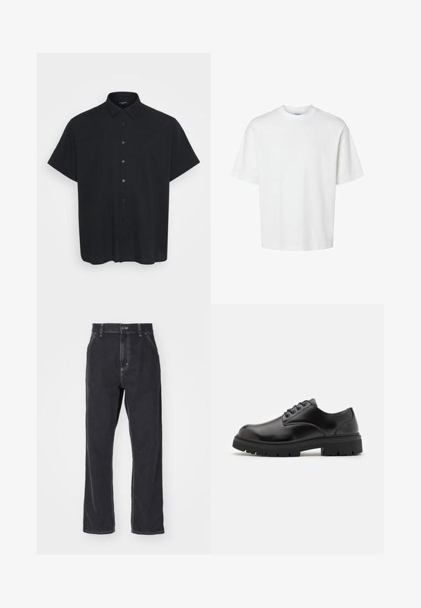 Camicia nera a maniche corte con bottoni, realizzata in un tessuto texturizzato, con colletto e bottoni frontali, caratterizzata da un fit rilassato.; T-shirt bianco in cotone con maniche corte, scollo rotondo e vestibilità rilassata. Texture liscia senza pattern o dettagli visibili.; Jeans in denim nero con taglio dritto, dotati di chiusura con zip, cinque tasche e cuciture a contrasto lungo le cuciture.; Scarpe in pelle nera con punta arrotondata, design lace-up e suola in gomma spessa e testurizzata. Presentano una cucitura lungo il bordo e una finitura liscia.