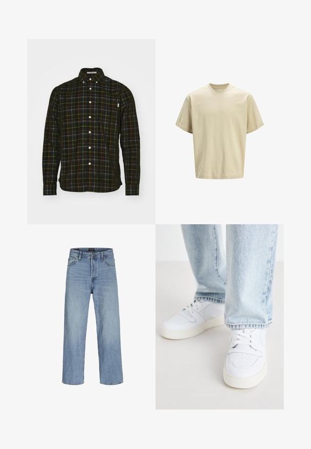 Långärmad skjorta i svart rutigt mönster med gröna, blåa och orangea accenter. Har en klassisk krage och bröstficka. Tillverkad i bomull.; Beige bomull t-shirt med lös passform, rund nacke och korta ärmar. Slät struktur, inga mönster eller synliga detaljer.; Ljusblå denimjeans med rak passform, hög midja, klassisk femfickorsdesign och kontrasterande sömmar.; Vita lädersneakers i låg modell med perforerat tåparti, platta snörningar och minimalistisk design. I kombination med ljusblå denimjeans.