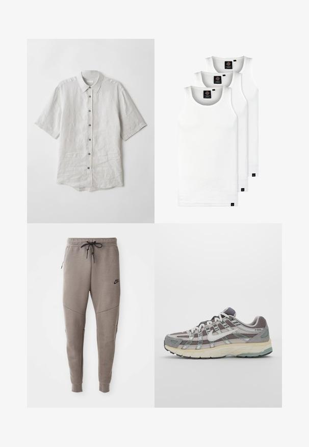 Kortermet skjorte med knapper i lys grå lin. Har klassisk krage, knappestolpe og lett buet nederkant. Myk tekstur med minimale rynker.; Tre hvite ribbestrikkede tank topper laget av bomull. Har en rund hals og små svarte etiketter nær kanten. Tilgjengelig i flere størrelser.; Grå Nike joggebukser med snor i midjen, smale ben, sidelommer og distinkte sømdetaljer. Myk, teksturert stoff.; Grå treningssko med overdel i nett og semsket skinn, hvite detaljer, en polstret såle, og et særpreget design med reflekterende elementer.