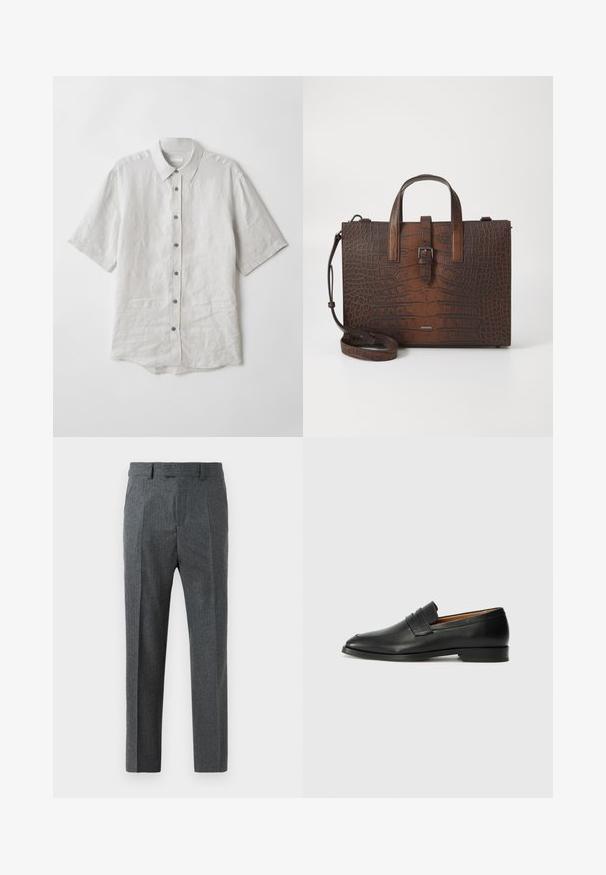 Short-sleeve button-up shirt in light grey linen. Features a classic collar, button front, and slightly curved hem. Soft texture with minimal wrinkles.; Gray tailored trousers with a fine check pattern, straight leg design, and a smooth fabric texture. Features belt loops and a zip fly.; Black leather loafer with a rounded toe, subtle stitched detailing, and a low heel, featuring a smooth texture and minimalist design.; Brown crocodile-embossed leather handbag with top handles and a detachable shoulder strap. Features a buckle closure and rectangular shape.