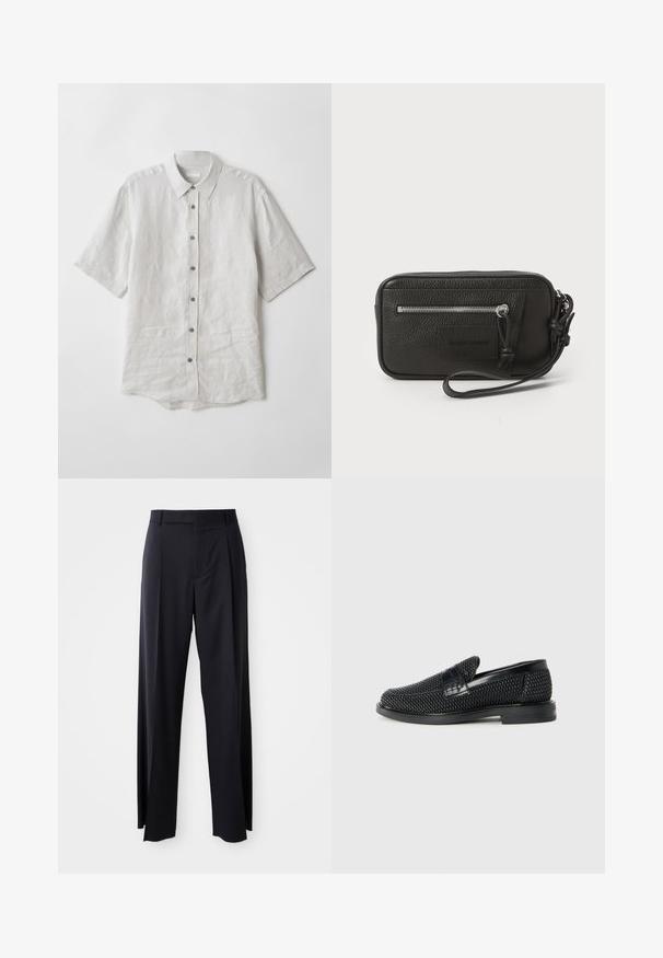 Šviesiai pilka lino marškinėliai su trumpomis rankovėmis. Savybės: klasikinis apykaklė, mygtukų užsegimas ir šiek tiek išlenktas kraštas. Mėgiamas švelnumas su minimaliais raukšlėmis.; Juodi, aukštai užtraukiami kelnių modeliai su plačiomis kojomis, pagaminti iš lygaus audinio. Yra priekiniai raukšlės ir diržo kilpos. Minimalistinio dizaino, be matomų detalių.; Juodas pintas slip-on tipo batelis su lygiu odiniu akcentu viršuje, apvalios nosies dizainas ir žemas guminis padas.; Juodas odinis delninukas su tekstūruotu paviršiumi, priekinė užtrauktuko kišenė ir nuimama riešo juosta. Priekyje yra logotipo etiketas. Stačiakampio formos.