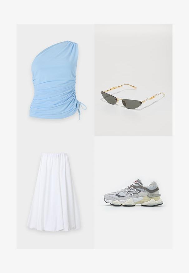 Világoskék, egy vállat szabadon hagyó felső, puha anyagból készült. Az oldalon redőzött részletekkel és állítható megkötővel rendelkezik az alján. Sima tapintású.; Fehér, bokáig érő szoknya, elastikus derekkal, könnyű anyagból, sima textúrával és lebegő sziluettel.; Szürke velúr és hálós sneaker vastag fehér és bézs talppal, kiemelkedő fehér logóval és piros részletekkel.; Arany keretes napszemüveg sötétszürke lencsékkel. Egyedi macskaszem forma. A szárakon váltakozó arany gyöngyök és gyöngy díszek találhatók.