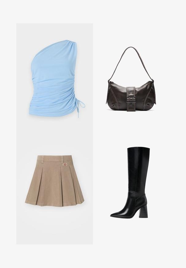 Helles blaues Top mit einem Schulterträger aus weichem Stoff. Verfügt über geraffte Details an der Seite und eine verstellbare Bindung am Saum. Glatte Textur.; Beige Plissierrock aus einem strukturierten Stoff. Verfügt über einen Bund mit Gürtelschlaufen und einem Logo-Patch auf der linken Vorderseite.; Knöchelhohe schwarze Lederstiefel mit spitzem Schuhkopf, glatter Textur und einem stabilen, profilierten Blockabsatz. Schlankes Design mit minimalen Akzenten.; Braune Lederumhängetasche mit gebogener Form, die mit einem auffälligen Schnallendetail, kontrastierenden Nähten und einem einzigen Schulterriemen ausgestattet ist.