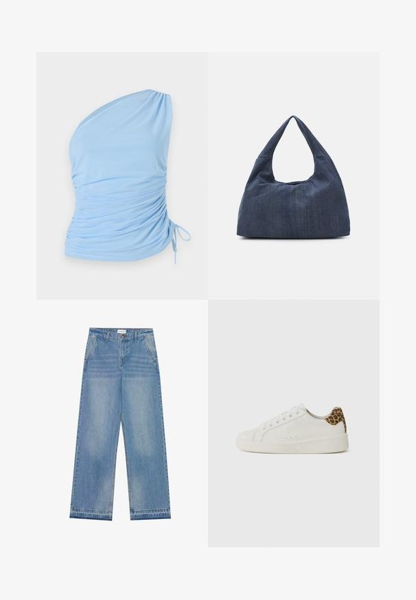 Top azzurro chiaro a spalla unica realizzato in tessuto morbido. Presenta dettagli arricciati sul lato e un laccio regolabile sull'orlo. Texture liscia.; Jeans in denim azzurro chiaro a gamba larga con vita alta, dotati di tasche frontali e chiusura con bottone, rifiniti con un orlo grezzo.; Sneaker in pelle bianca con punta tonda, suola piatta e chiusura con lace-up. Presenta un accento in stampa leopardata sul tallone. Texture liscia.; Borsa in denim blu scuro con una forma morbida e flessibile, caratterizzata da un manico in stile hobo e una superficie testurizzata. Senza accenti hardware visibili.