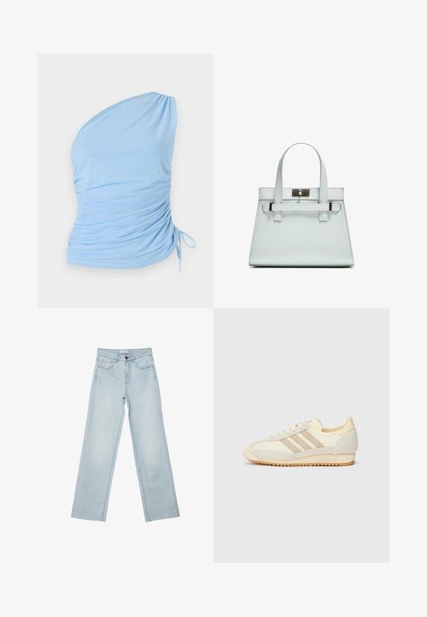Světle modrý top na jedno rameno vyrobený z měkké látky. Obsahuje řasené detaily na straně a nastavitelné zavazování na lemu. Hladká textura.; Světle modré denimové široké džíny. Obsahují pět kapes, zapínání na knoflíky a vybledlé detaily. Klasický rovný střih s volným cílem.; Krémové sportovní tenisky s třemi béžovými pruhy, z velurové a textilní materiály, s texturovanou podrážkou a embosovaným logem na patě.; Světle modrá kabelka se strukturovaným designem, dvěma držadly a stříbrným kováním. Texturovaný materiál a ostré rohy.