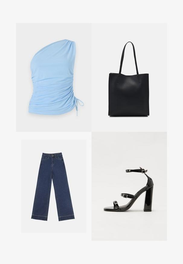Haut bleu clair à une épaule en tissu doux. Présente des détails froncés sur le côté et un lien ajustable à l'ourlet. Texture lisse.; Jeans à jambes larges en denim bleu foncé. Comprend cinq poches, des passants de ceinture et un ourlet brut en bas avec des détails de couture visibles.; Sandales à talons hauts en cuir verni noir avec deux brides à boucles, bout carré et talon bloc épais, présentant une texture lisse et brillante.; Sac fourre-tout en cuir noir avec une texture lisse, de forme rectangulaire et deux longues poignées. Pas de matériel ou d'ornementations visibles.
