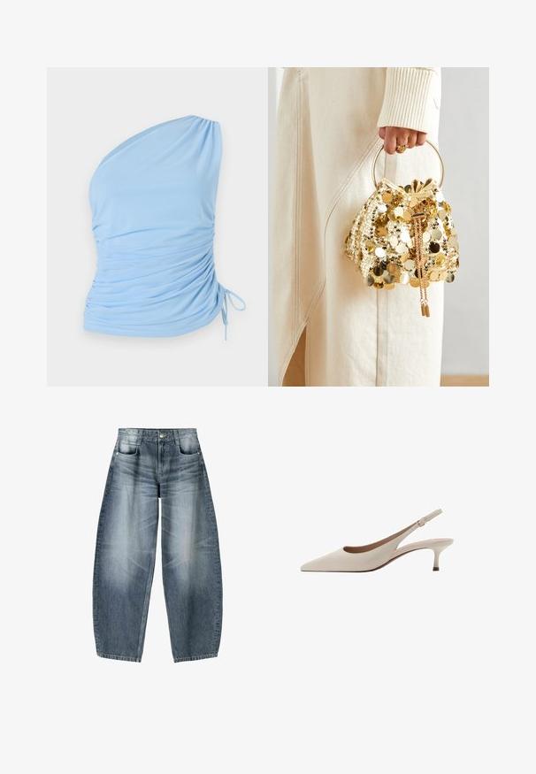 Light blue one-shoulder top made of soft fabric. Features gathered detailing on the side and adjustable tie at the hem. Smooth texture.; Wide-leg jeans made of light blue denim with fading, featuring a five-pocket design, button fly, and minimal stitching details.; Beige slingback heels with a pointed toe and a low, flared heel. Made from smooth leather with a minimalistic design and adjustable strap.; Gold sequin drawstring handbag with a circular handle, featuring shiny round sequins and a textured fabric. Dimensions are not provided.