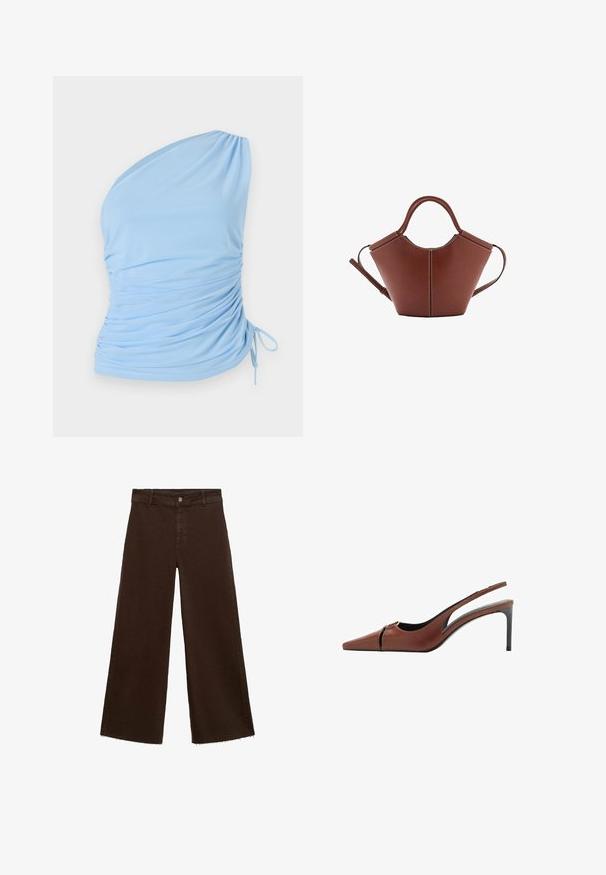 Svetlo modra bluza na eni rami, izdelana iz mehke tkanine. Ima nabran detajl ob strani in prilagodljivo vrvico na robu. Gladek tekstur.; Rjave široke hlače iz mešanice bombaža, z raztrganim robom, sprednjim gumbom in klasičnim dizajnom s petimi žepi. Minimalistične in vsestranske.; Rjavi usnjeni slingback čevelj z ostro konico, izrezom na vampu in elegantno stiletnasto peto. Gladka tekstura.; Rjava usnjena torba conične oblike, trdni ročaji in kontrastno bela šivanje. Ima snemljiv naramni trak za večjo prilagodljivost.
