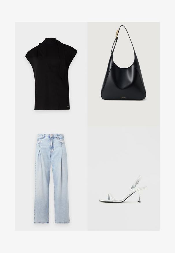 Svart, høyhalset topp med kappermer, med asymmetrisk design og lang halsbånd. Laget av glatt stoff med et minimalistisk utseende.; Lyseblå denimjeans med høy livlinje, vide ben, to sidelommer og plisserte detaljer. Myk tekstur med en falmet finish.; Sølv patentlær slingback høyhælt sandal med en smal tårem, justerbar spenne og en slank hæl.; Svart lær skulderveske med glatt tekstur, buet silhuett og gullfarge detaljer. Har preget merkevarelogo nederst.
