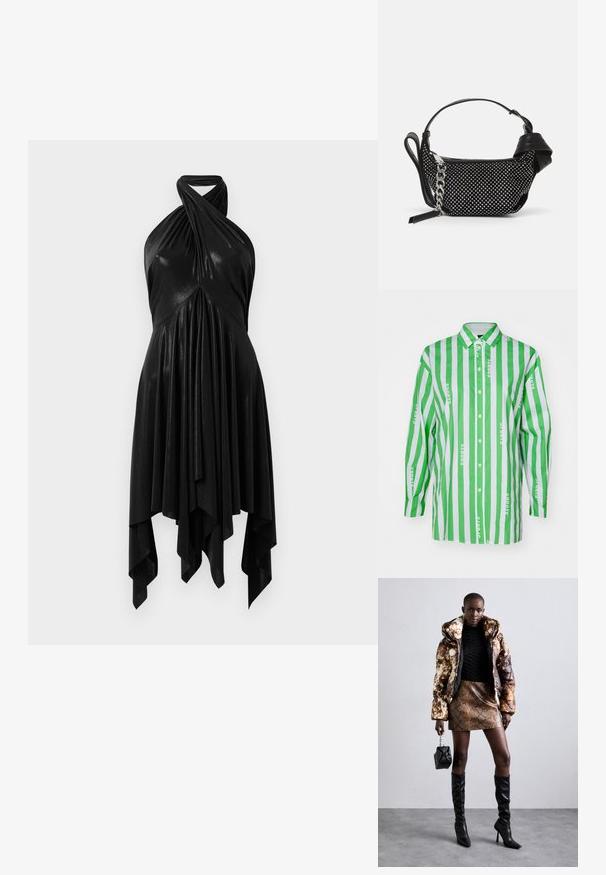 Camicia a righe verdi e bianche con maniche lunghe, chiusura con bottoni sul davanti e un motivo di testo ripetuto con la scritta "sport" in bianco. Materiale in cotone.; Abito nero a halter con un design drappeggiato. Realizzato in materiale lucido, con un colletto attorcigliato e un orlo asimmetrico. Texture morbida.; Giacca a vento con un motivo marrone e nero, abbinata a una mini gonna in stampa pitone marrone, stivali neri alti fino al ginocchio e una piccola borsa nera.; Borsa nera con un design texture, adornata con borchie argentate e una robusta tracolla in argento. Presenta una forma elegante e minimalista.