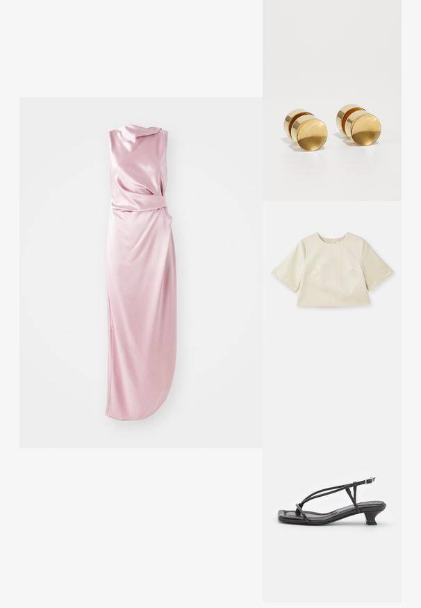 Kremasti skraćeni top izraslijeđen od glatkog materijala, s kratkim rukavima, okruglim izrezom i suptilnim detaljima šavova.; Suknja poput svile, roza haljina s drapiranim dizajnom, koja sadrži čvorasti detalj u struku i bočni prorez za dodatnu pokretljivost. Glatka tekstura.; Crne kožne sandale s tankim trakama, niskim blok-petama i kvadratnim nožnim prstima. Imaju kopčanje s kopčom i glatku teksturu.; Zlatne metalne naušnice jednostavnog okruglog oblika, s glatkom površinom i središnjim poliranim pojasom. Mjere otprilike 1 cm u promjeru.