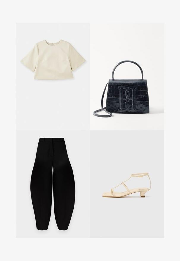 Top scurt de culoare crem, realizat dintr-un material neted, cu mâneci scurte, gât rotund și detalii subtile de cusătură.; Pantaloni negri cu croi larg, talie înaltă, cu pliuri în față și glezne conice. Realizați dintr-un material neted cu un finisaj mat.; Sandale bej cu toc, cu un design T-strap, vârf pătrat, curea ajustabilă la gleznă și un toc mic, tip bloc. Material din piele netedă.; Geantă din piele cu model de crocodil negru, cu un design structurat, mână superioară, curea ajustabilă și un detaliu proeminent cu logo pe față.