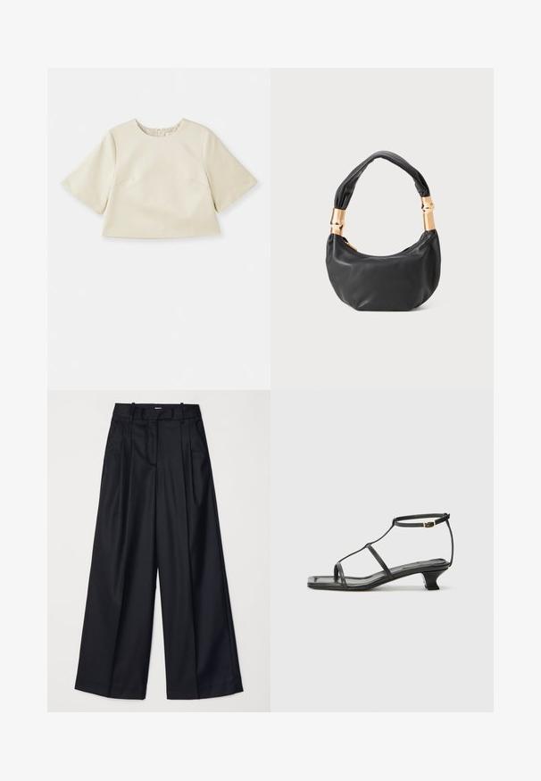 Top crop color crema realizzato in materiale liscio, con maniche corte, scollo rotondo e dettagli delle cuciture delicati.; Pantaloni neri a gamba larga realizzati in un tessuto morbido, con vita alta, pieghe e un design sartoriale. Finiture semplici in nero in vita.; Sandalo in pelle nera con punta quadrata, cinturini sottili, cinturino alla caviglia regolabile e tacco basso. Presenta un piccolo accento dorato sul cinturino.; Borsa a tracolla in pelle nera con una forma rotonda, texture morbida e manico annodato con dettagli in metallo dorato. Chiusura con zip.