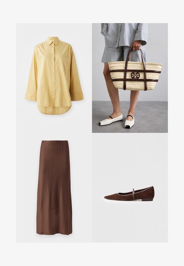 Rumena srajca s kratkimi rokavi in žepom, dolgi rokavi in zaobljen rob. Narejena iz lahkega, teksturiranega blaga. Vsebuje oranžne gumbe.; Rjava satenska midi krila z gladko teksturo, z ravnim krojem in brez vidnih vzorcev ali okraskov. Preprost in eleganten dizajn.; Rjavi nubukovi čevlji s ploskim podplatom in koničastim nosom, ki imajo tanek trak in zlate dodatke. Čevlji imajo nizko peto in sivo obrobo.; Tkana slamnata torba z rjavimi usnjeni poudarki in ročaji. Ima izrezan logotip in kontrastne horizontalne trakove.