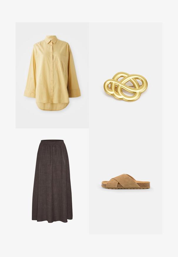 Kollane nööbiga särk taskuga, pikad varrukad ja ümar hem. Valmistatud kergest, tekstuurses kangas. Omab oranže nuppe.; Tumedast pruuni värvi maxi seelik, mis on valmistatud tekstuursest kangast ja millel on elastne vöökoht. Lai, voolav siluett, millel ei ole nähtavaid mustreid ega aktsente.; Kerge pruunist seemisnahast ristsandaal, millel on korkkattega tallad ja tekstureeritud kummipõhi. Sandaalil on lame disain ja lai sobivus.; Kuldtoonis rinnatäht, millel on sõlmekujuline disain, sujuvad ja vaakumid jooned ning keeruline vorm, peegeldades poleeritud viimistlust.