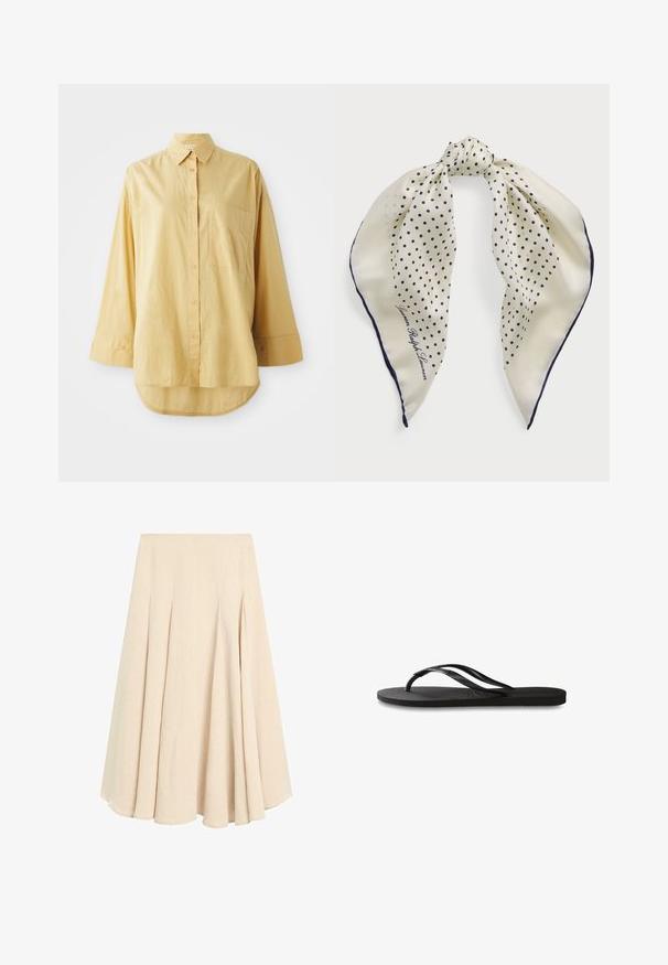 Geel overhemd met knopen, met een zak, lange mouwen en een ronde zoom. Gemaakt van lichtgewicht, textuurstof. Voorzien van oranje knopen.; Beige midi-lange A-lijn rok met plooien, gemaakt van lichtgewicht stof, met een soepele tailleband en een uitlopende zoom.; Zwarte flip-flop met een gestructureerde rubberen zool, twee slanke banden en een subtiele, ingedrukte logo-detail op de band.; Zijden sjaal met een crèmekleurige achtergrond en marineblauwe stippen, geknoopt in het midden; marineblauwe rand; met de tekst "Lauren Ralph Lauren."; Bruine suède handtas met een gestructureerde vorm, zilveren logo hardware, korte handgreep en een afneembare schouderriem. Gladde textuur, minimalistisch ontwerp.
