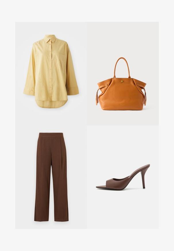Chemise jaune à boutons, avec une poche, manches longues et ourlet arrondi. Fabriquée en tissu léger et texturé. Dotée de boutons oranges.; Pantalon marron à jambes larges avec une texture lisse, présentant un devant plat et des plis. La taille est élastiquée pour le confort et l'ajustement.; Mules à talons hauts ouverts en cuir marron avec un design épuré, dotés d'une large sangle avant et d'un talon aiguille élancé.; Sac fourre-tout en cuir fauve avec deux poignées solides, une fermeture éclair supérieure et des accents latéraux. Présente une surface texturée et un emblème doré à l'avant.