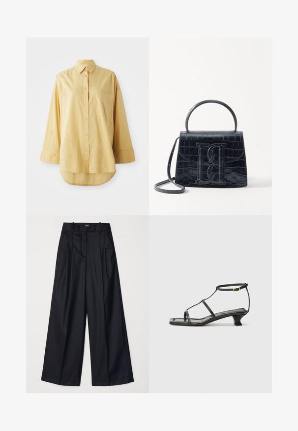 Camicia gialla a maniche lunghe con taschino, orlo arrotondato. Realizzata in tessuto leggero e testurizzato. Presenta bottoni arancioni.; Pantaloni neri a gamba larga realizzati in un tessuto morbido, con vita alta, pieghe e un design sartoriale. Finiture semplici in nero in vita.; Sandalo in pelle nera con punta quadrata, cinturini sottili, cinturino alla caviglia regolabile e tacco basso. Presenta un piccolo accento dorato sul cinturino.; Borsa in pelle nera con incisione a forma di coccodrillo, dal design strutturato, dotata di manico superiore, tracolla regolabile e un evidente dettaglio logo frontale.
