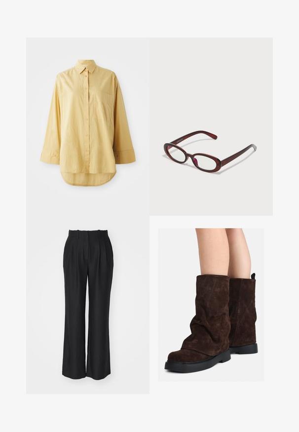 Gul knappskjorte med lomme, lange ermer og avrundet nederkant. Laget av lett, teksturert stoff. Har oransje knapper.; Sorte vide benbukser med høy midje, med folder, laget av et glatt, teksturert stoff, med rett snitt til kanten.; Brune suedestøvler til midt på leggen med sorte gummisåler, båret på nakne legger, som viser lett rynking på støvelskaftene.; Ovale røde solbriller med klare linser og slanke brune rammer. Designet har subtile kurver og minimalt med utstyr.
