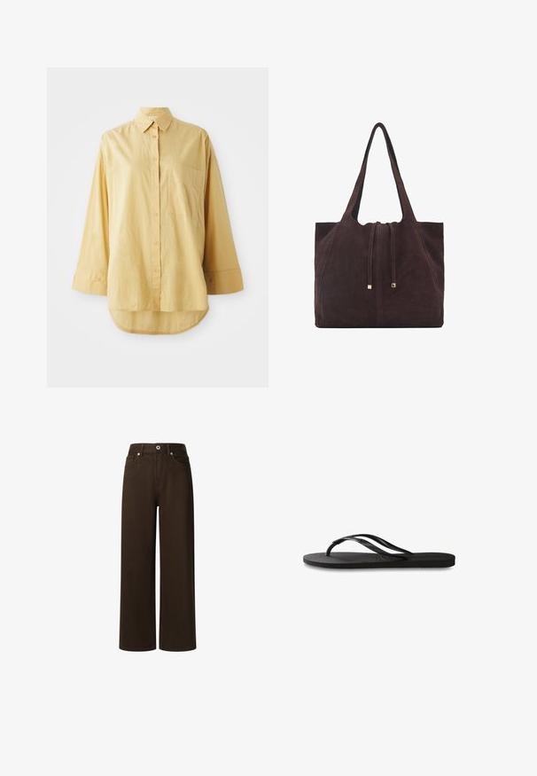 Keltainen nappikauluspaita, jossa on tasku, pitkät hihat ja pyöreä helma. Valmistettu kevyestä, tekstuurista kankaasta. Varustettu oransseilla napeilla.; Pepe Jeans LEXA - Straight leg -farkut - chocolate brown; Mustat flip-flopit, joissa on röpelöinen kumipohja, kaksi hoikkaa remmiä ja hillitty, kohokuvioitu logotyyli remmissä.; Mango Shopping bag - dark brown