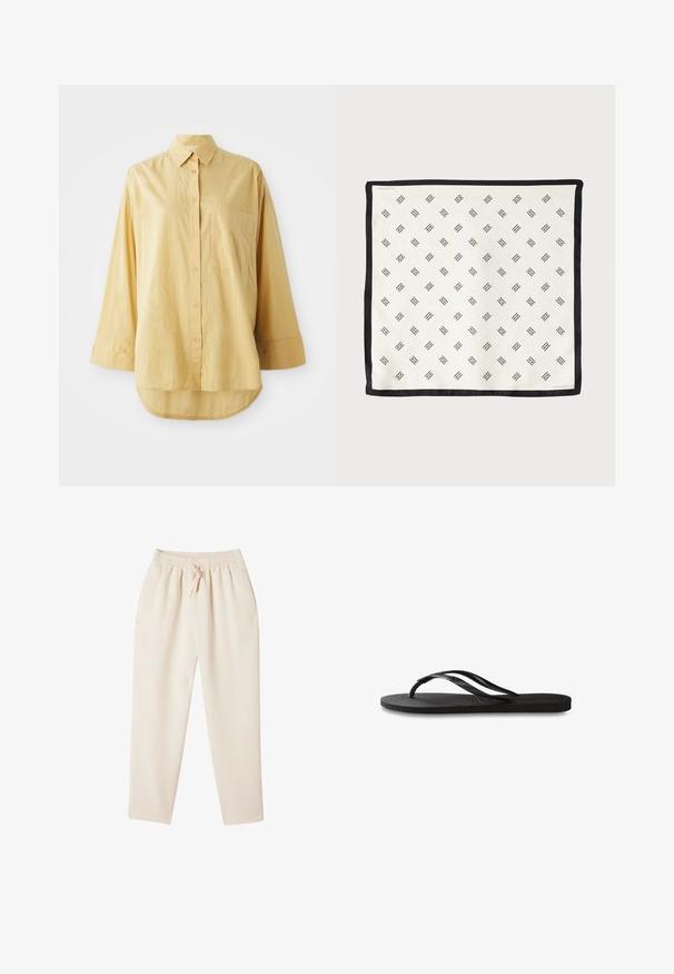 Yellow button-up shirt with a pocket, long sleeves, and a rounded hem. Made of lightweight, textured fabric. Features orange buttons.; Beige lounge pants with a relaxed fit, elastic waistband, drawstring, and side pockets. Made from a soft, textured fabric.; Black flip-flop featuring a textured rubber sole, two slender straps, and a subtle, embossed logo detail on the strap.; White silk scarf featuring a repeating black geometric pattern, bordered with a solid black edge. Lightweight with a smooth texture.