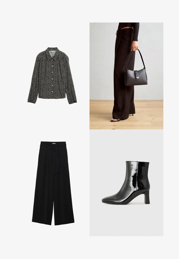 Maglietta nera a maniche lunghe con colletto, caratterizzata da un motivo a macchie bianche e chiusure a bottoni sul davanti.; Pantaloni neri a gamba larga caratterizzati da un tessuto testurizzato, una vita elastica e una cintura staccabile per una vestibilità regolabile.; Stivaletto in pelle verniciata nera con punta a punta e tacco a blocco di altezza media. Texture liscia e design minimalista.; Borsa nera con forma strutturata, texture liscia e una chiusura metallica. Abbinata a pantaloni neri larghi e sandali open-toe su un pavimento in legno.