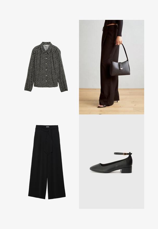 Maglietta nera a maniche lunghe con colletto, caratterizzata da un motivo a macchie bianche e chiusure a bottoni sul davanti.; Pantaloni neri a gamba larga caratterizzati da un tessuto testurizzato, una vita elastica e una cintura staccabile per una vestibilità regolabile.; Pump in pelle nera con punta affusolata e tacco basso a blocco. Presenta una cinghia alla caviglia con una fibbia in tonalità oro. Texture liscia.; Borsa nera con forma strutturata, texture liscia e una chiusura metallica. Abbinata a pantaloni neri larghi e sandali open-toe su un pavimento in legno.