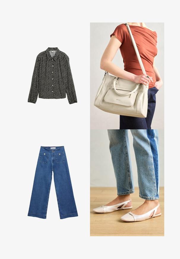 Černá košile s dlouhými rukávy a límečkem, zdobená bílým skvrnitým vzorem a zapínáním na knoflíky vpředu.; Džínové kalhoty širokého střihu s středně modrým omakem, dvěma předními kapsami se zapínáním na knoflíky a prošíváním podél lemů.; Světle růžové slingback baleríny s špičatou špičkou, vyrobené z hladkého koženému materiálu. Obsahují vystřihovací detaily po stranách a plochý podpatek.; Bílá kožená kabelka s dvojitými uchy a odnímatelným popruhem, která má přední zipovou kapsu a hladký povrch. Nese se na paži osoby.