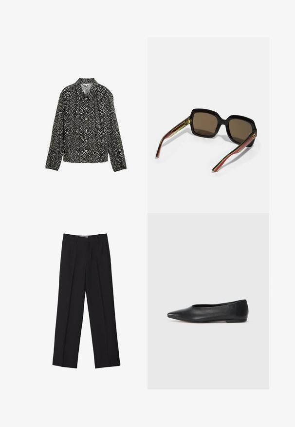Black shirt with long sleeves and a collared neckline, featuring a white speckled pattern and button closures along the front.; Black tailored trousers with a straight-leg design, featuring double pleats, a smooth texture, and subtle front seam details.; Black leather ballet flat, pointed toe, minimalistic design, smooth texture, low-profile heel, no visible hardware or embellishments.; Black oversized sunglasses with brown lenses. Features unique striped arms in green and red, and gold hardware accents. Square shape.; Black leather handbag with two handles, oval shape, smooth texture, subtle branding, and a heart-shaped tag attached.