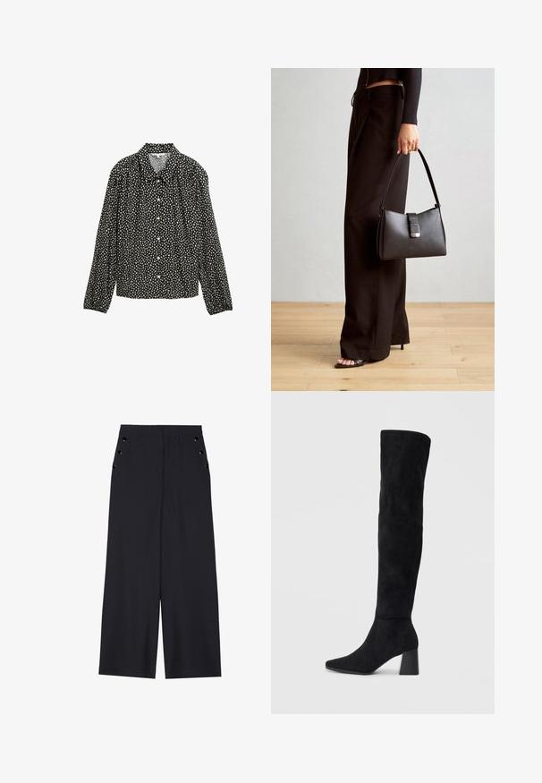 Schwarzes Hemd mit langen Ärmeln und kragenlosem Ausschnitt, das ein weiß gesprenkeltes Muster aufweist und vorne mit Knöpfen geschlossen wird.; Weite Hosen aus dunkelblauem Stoff mit einer glatten Textur, Vorderfalten und dekorativen goldfarbenen Ösen an den Seitentaschen.; Schwarze Wildleder-Stiefel bis zum Knie mit Blockabsatz, spitzer Zehe und glattem, nahtlosem Design auf einem schlichten, hellen Hintergrund.; Schwarze Handtasche mit strukturierter Form, glatter Textur und einem metallischen Verschluss. Kombiniert mit weiten schwarzen Hosen und offenen Sandalen auf einem Holzboden.