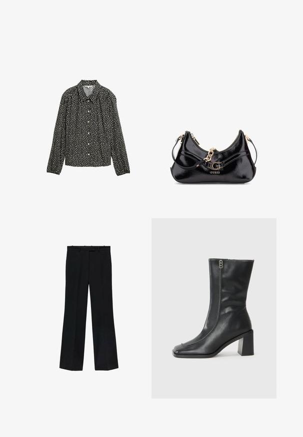 Sort skjorte med lange ærmer og kravehals, der har et hvidt prikmønster og knaplukninger foran.; Sorte bukser med lige pasform, lavet af glat stof. Har en talje med bæltestropper og ingen synlige mærker eller dekorationer.; Sorte læder ankelstøvler med firkantet tå, sidelukning og kraftig firkantet hæl. Har kontrastsyning langs den forreste søm.; Sorte patenteret lædertaske med et buet design, guldhardware-detaljer og en fremtrædende logo. Inkluderer en aftagelig skulderrem.