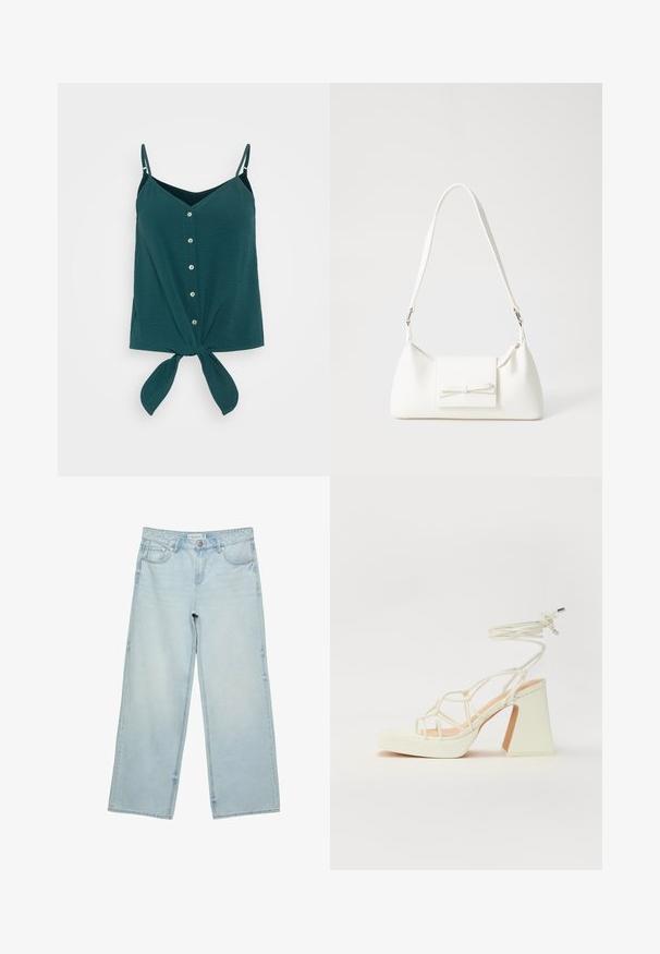 Mörk teal, ärmlös topp med knapprad framtill, V-ringning och knytband i midjan. Tillverkad av ett texturerat, lättviktigt tyg.; Ljust blå vida jeans i denim med hög midja, fem fickor och subtila urtvättningar. Rakt snitt med fållade kanter.; Vit högklackad sandal med en kraftig klack, med ett remdesign och ankelband. Slät textur med en plattform framtill för ökad höjd.; Vit syntetisk handväska med triangulär form, platt framklaff och rosettdetalj, justerbar rem, slät textur och minimalistisk design.