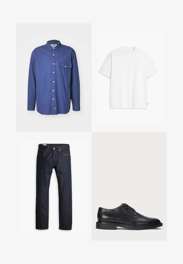 Námořnicky modrá košile s dlouhým rukávem na knoflíky z tkané látky, s špičatým límcem, přední kapsou a bílými knoflíky podél légy.; Bílá bavlněná tričko s krátkými rukávy, klasickým výstřihem a decentním logem Levi's vytištěným uprostřed. Měkká textura a standardní střih.; Tmavě modré džíny z denimu s rovnými nohavicemi, oranžovým prošíváním a stylingem s pěti kapsami s kovovým zapínáním.; Černé kožené společenské boty s kulatou špičkou, šněrováním a nízkým podpatkem. Hladký povrch s minimálním šitím.