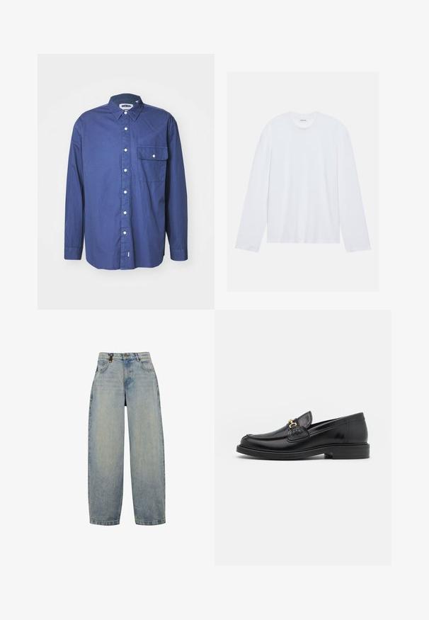 Cămașă albastru închis cu mâneci lungi și nasturi, confecționată dintr-un material țesut, având un guler ascuțit, un buzunar frontal și nasturi albi de-a lungul plăcii de închidere.; Tricou alba cu maneci lungi, confectionat din bumbac. Prezinta un decolteu clasic rotund si cusaturi pe umeri lasati, avand o textura neteda si simpla.; Blugi din denim de culoare albastru deschis, cu un croi lejer, având talie înaltă, picioare largi, design clasic cu cinci buzunare și accesorii din metal.; Loaferi din piele neagră cu vârf rotunjit, dotati cu accente aurii și detalii de cusătură, așezați pe o talpă joasă din cauciuc texturat.