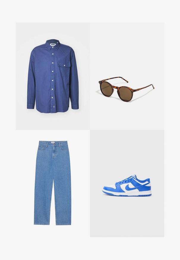 Mørkeblå langermet skjorte med knapper i vevd stoff, med spiss krage, frontlomme og hvite knapper langs knappestolpen.; Lyseblå denimjeans med rett snitt, fem lomme-design, enkelt knappelukking og subtile sømdetaljer.; Nike Dunk-sko med en blå og hvit skinnoberflate, som har perforert tå, snøringssystem og en teksturert gummisåle.; Runde solbriller med skilpaddemønster ramme og brune linser. Har tynne stenger med lett tekstur og metalldetaljer nær linsene.