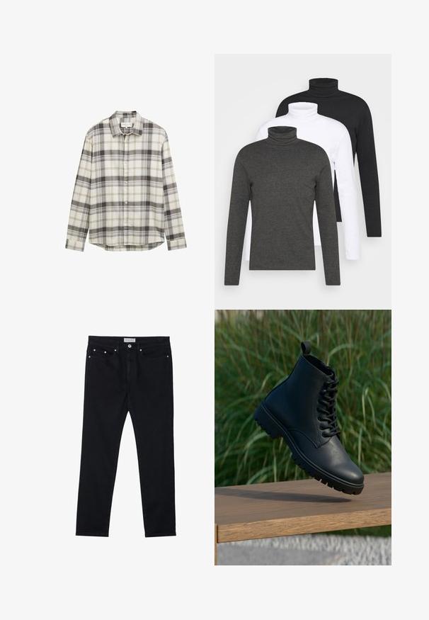 Langarmige geruite overhemd in beige en grijstinten, met een button-down kraag en een rechte zoom. Gemaakt van gestructureerde stof.; Drie lange mouwen turtlenecks in donkergrijs, wit en zwart. Gemaakt van zachte stof met een geribbelde turtleneck ontwerp en aansluitende mouwen.; Zwarte spijkerbroek van denim met een recht model, vijf zakken, metalen klinknagels en een knoopsluiting. Zacht materiaal met een lichte stretch.; Zwarte enkelboot van glad leer. Beschikt over een vetersluiting, ronde neus en een robuuste zool met opvallend profiel. Klein lusje op de hiel.