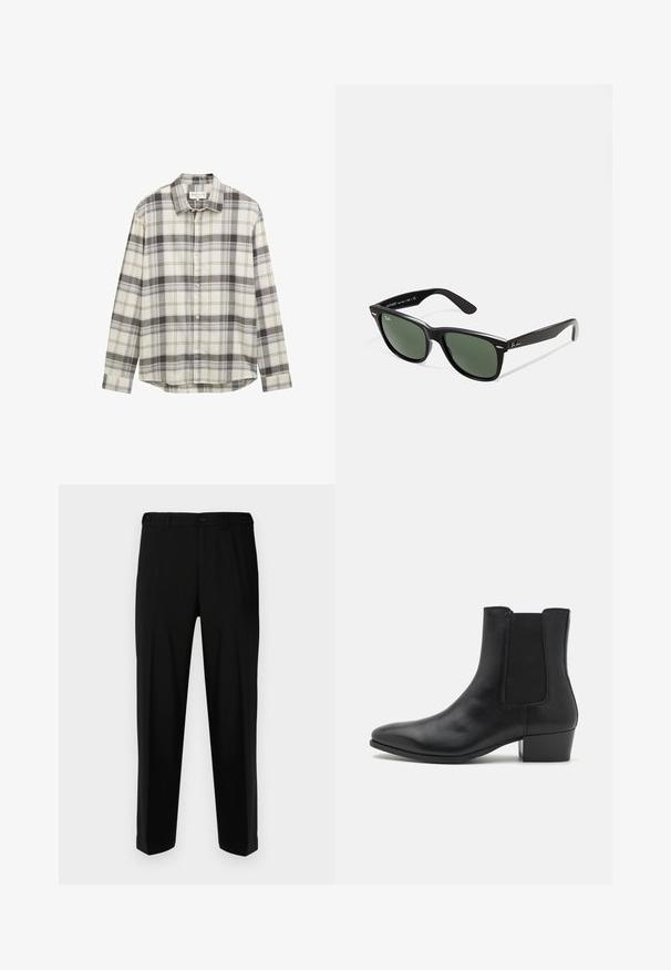 Ilgi piedurkņu raibais krekls bēšā un pelēkā toņos, ar pogājamām kakla malām un taisnu apakšmalu. Izgatavots no teksturētas auduma.; Melnas bikses no gludas auduma, ar taisnu griezumu, divām priekšējām kabatām un ar rāvējslēdzēju un pogu aizdari.; Zign LEATHER - Klasiski puszābaki - black; Melnas plastmasas saulesbrilles ar zaļiem lēciem, kvadrātveida rāmjiem, sudrabainu akcentu uz uzacīm un teksturētām tempļu kājām. Zīmols norādīts uz iekšējās kājas.