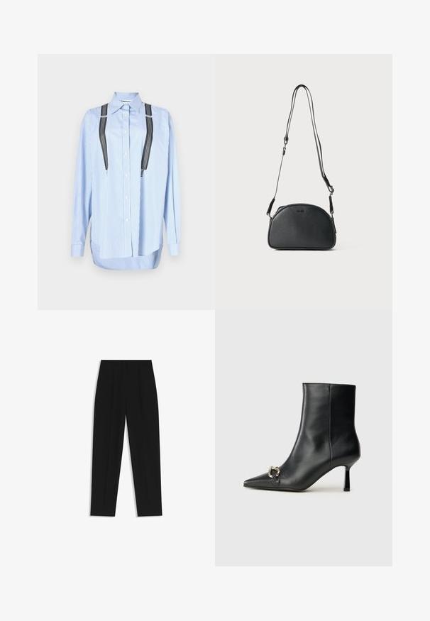 Blue and white striped button-up shirt with a pointed collar, long sleeves, and attached black suspenders featuring vertical stripes.; Black trousers with a straight fit, featuring double pleats, a smooth texture, and a classic waistband design. No visible hardware or accents.; Black leather ankle boot with pointed toe, slim mid-height heel, and silver buckle detail on side against plain background.; Black leather crossbody bag with a rounded shape, two adjustable straps, and a subtle logo on the front. Textured exterior, minimalistic design.