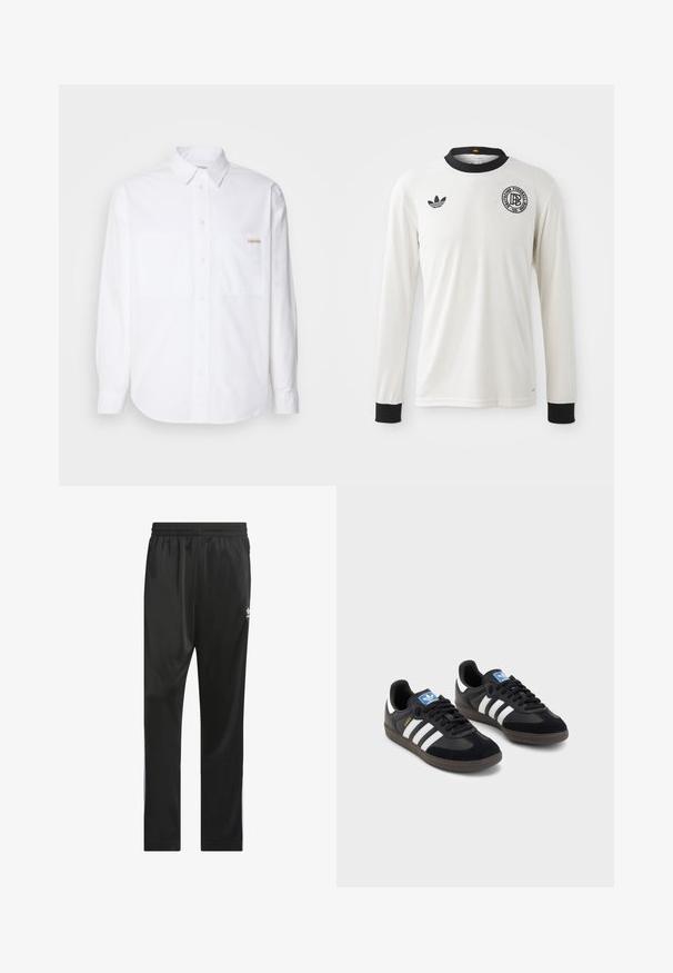 Balta garām piedurknēm pogājamā krekla izgatavota no kokvilnas. Tam ir divas krūšu kabatas, izliekts apakšmalas dizains un neliels zelta logotips kreisajā kabatā.; Balts garais piedurkņu futbols krekls ar ribotu struktūru, melna apkakle un piedurkņu apakšmalas, ar melnu Adidas logo un apaļu grafisku emblēmu.; Melnas sporta bikses, izgatavotas no gluda, viegla materiāla. Tām ir elastīga josta un baltas sānu svītras ar logotipu uz augšstilba.; Melnas sporta apavas ar zamšādas un sintētisku augšdaļu, ar trim baltām svītrām, teksturētu gumijas zoli un zilu logo birku uz mēles.