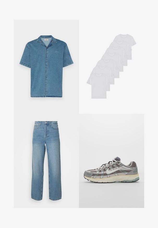 Denim Project LOOSE FIT SHORT SLEEVE DENIM - Camicia - light blue washed; T-shirt bianchi in cotone, maniche corte, design a collo tondo, texture liscia, impilati in fila, con un sottile marchio all'altezza del collo.; Jeans in denim azzurro chiaro a vita alta con gamba dritta, chiusura frontale con bottone e styling a cinque tasche su sfondo uniforme.; Scarpa sportiva grigia con tomaia in mesh e suede, dettagli bianchi, suola ammortizzata e un design distintivo con elementi riflettenti.