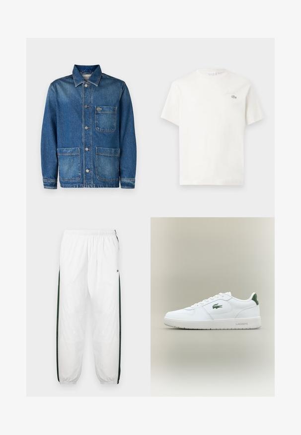 Džínsová bunda v tmavomodrej farbe s klasickým golierom, prednými vreckami a zapínaním na gombíky. Obsahuje malé vyšívané logo na náprsnom vrecku.; Biela bavlnená tričkovo s krátkymi rukávmi, s jemne vyšitým logom a minimalistickým dizajnom. Mäkká textúra, okrúhly výstrih.; Biele športové nohavice s tmavozelenými bočnými panelmi. Ľahký materiál, elastický pás a sťahované lemy. Obsahujú sieťovinovú textúru na bočných paneloch.; Biele kožené tenisky s hladkým povrchom, zelenými akcentami na päte a zeleným logom na boku. Majú plochú podrážku a okrúly špičku.