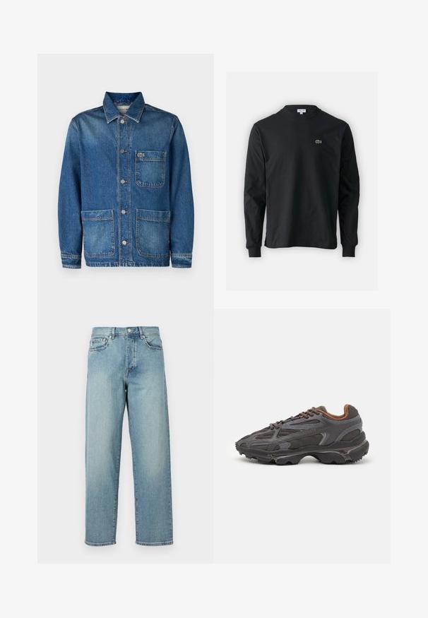 Džínová bunda v tmavě modré barvě s klasickým límcem, předními kapsami a zapínáním na knoflíky. Obsahuje malé vyšívané logo na kapse na prsou.; Černé dlouhé rukávy triko vyrobené z bavlny, s kulatým výstřihem a malým zeleným vyšitým logem krokodýla na levé hrudi.; Svetle modré džíny s volným střihem, rovnými nohavicemi, designem s pěti kapsami a zapínáním na knoflík v pase. Minimalistické detaily šití.; Sněrovací boty Lacoste v tmavě šedé barvě s síťovinou a syntetickým materiálem, prezentující texturovanou podrážku a hnědé detaily na límci a logu.