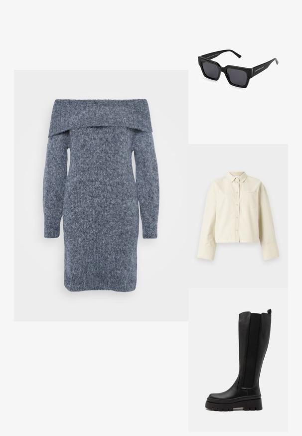 Korte, lichtbeige katoenen shirt met een puntige kraag, een knoopsluiting aan de voorkant en één borstzak met een subtiel logo.; Gebreide jurk in donkergrijs met een off-shoulder halslijn, lange mouwen en een textuurpatroon over de gehele jurk.; Zwarte kniehoogte laars gemaakt van glad leer met elastische zijpanelen, chunky plateauzool en ribbelstructuur op de onderkant.; Zwarte vierkante zonnebril met dikke monturen en donkere lenzen. Heeft merknaam op de zijkant van de arm. Gladde afwerking met een matte textuur.