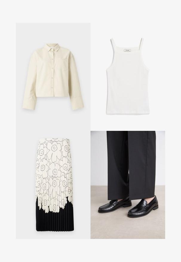 Afkortet, lysbeige skjorte lavet af bomuld, med spids krave, frontknaplukning og en enkelt brystlomme med et subtilt logo.; Hvid tank top med tynde stropper, lavet af ribbet bomuldsstof, med en lige halsudskæring og en ren afslutning i kanten.; Plisseret nederdel med et blomstret sort-hvidt mønster, der har en lyseoverdel med blomster og en ensfarvet sort underkant.; Sorte læder loafers med en glat finish, syet detaljering omkring tæerne og en lav gummisål. Sammen med brede sorte bukser.